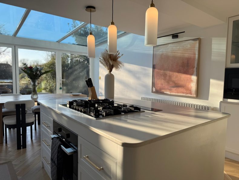 Kitchen under a glass roof at Chiswick Staithe, a townhouse in Chiswick renovated by BRX London